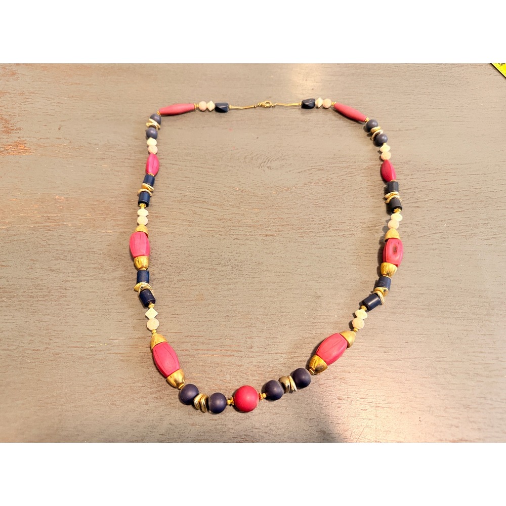 Vintage Beaded Necklace Navy Pink Cream Gold Tone Multi Color Strand 34 Inch
